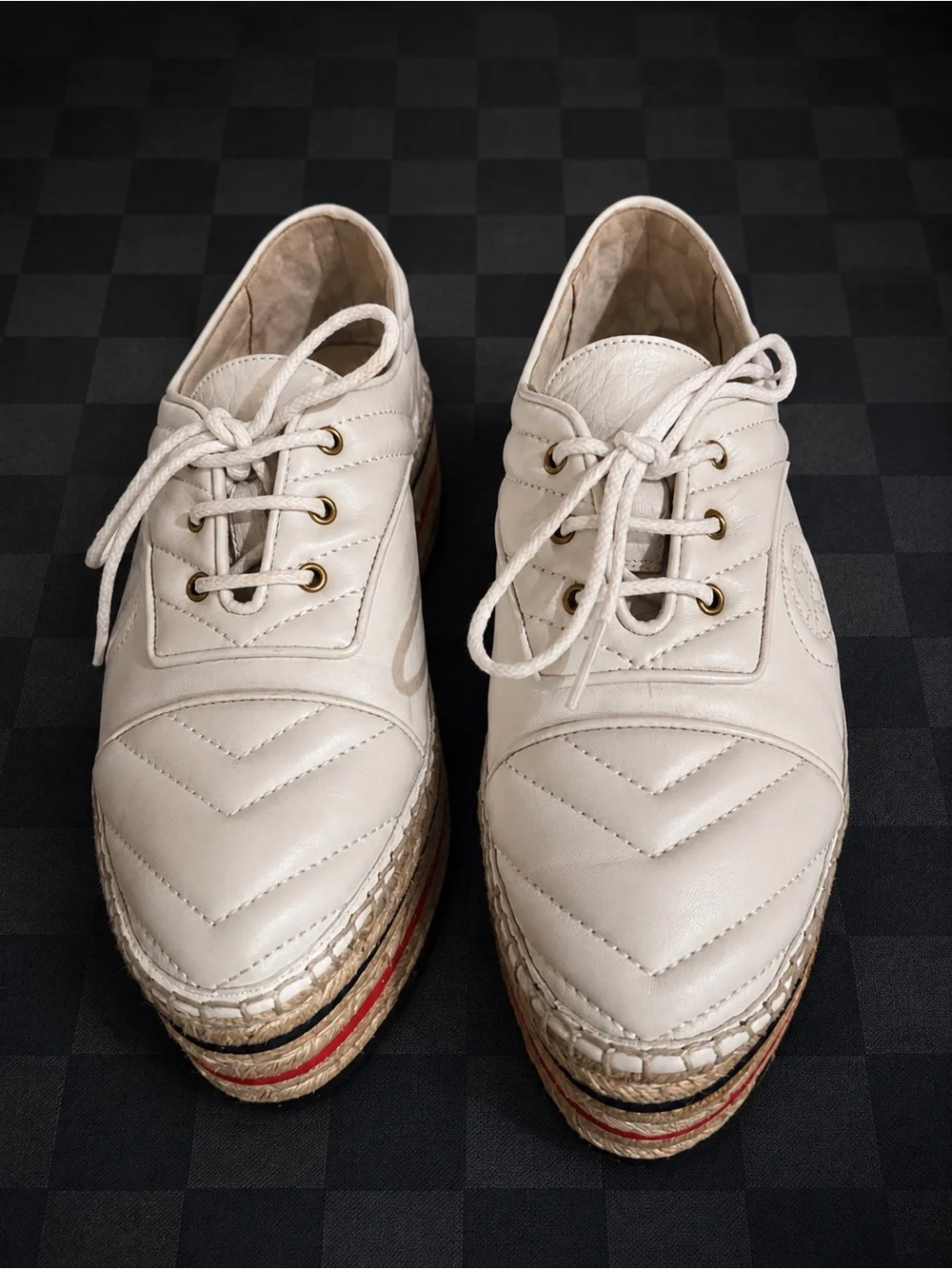 GUCCI Pilar Matelassé GG Platform Espadrilles White Leather Size 38 NWOT